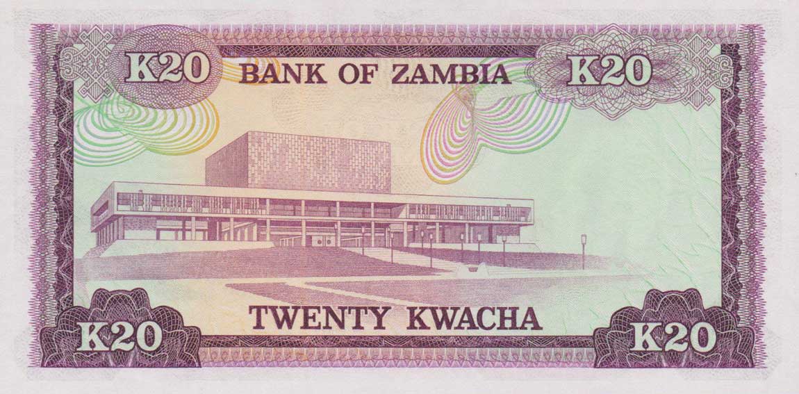 Back of Zambia p18p: 20 Kwacha from 1974