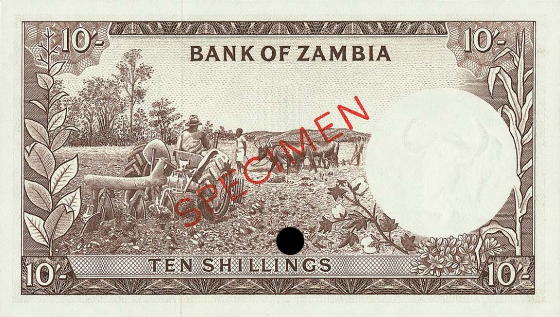 Back of Zambia p1s: 10 Shillings from 1964