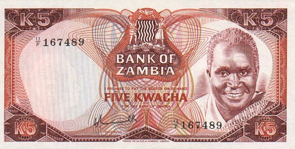 Front of Zambia p21a: 5 Kwacha from 1976