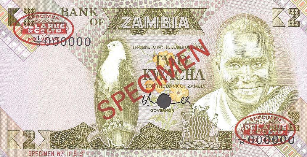 Front of Zambia p24s: 2 Kwacha from 1980