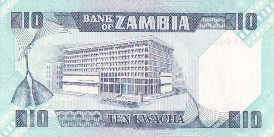 Back of Zambia p26c: 10 Kwacha from 1980