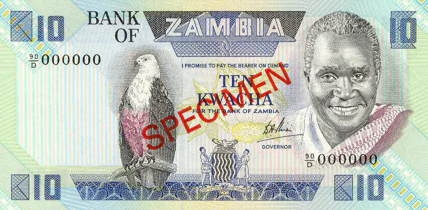 Front of Zambia p26s: 10 Kwacha from 1980