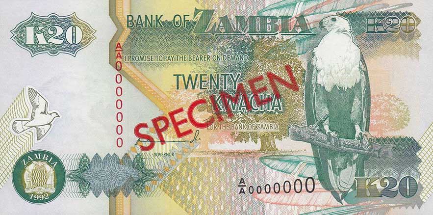 Front of Zambia p36s: 20 Kwacha from 1992