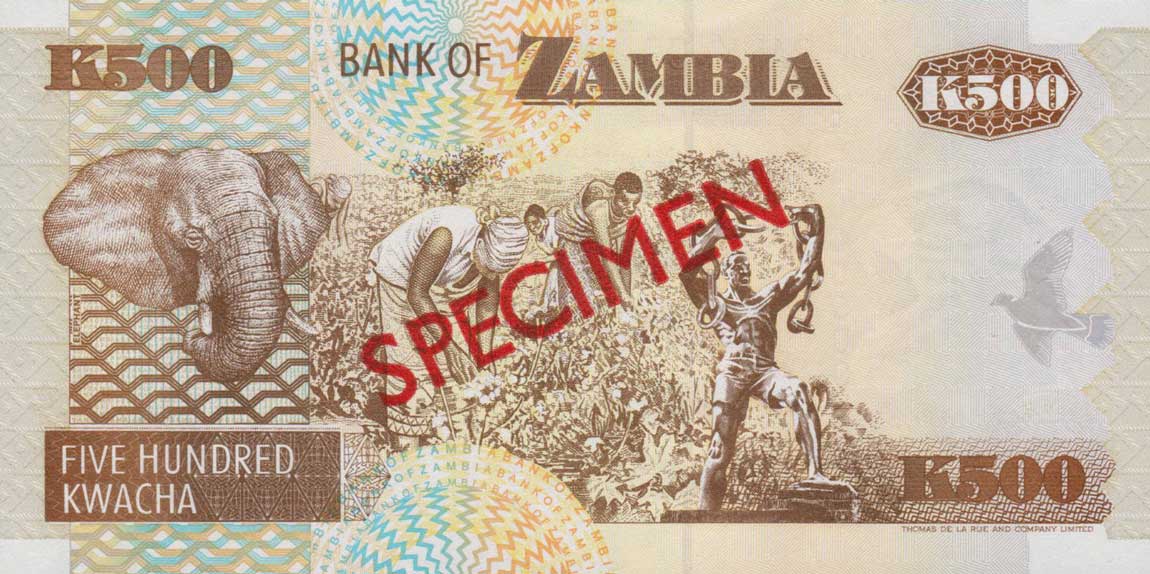 Back of Zambia p39s: 500 Kwacha from 1992