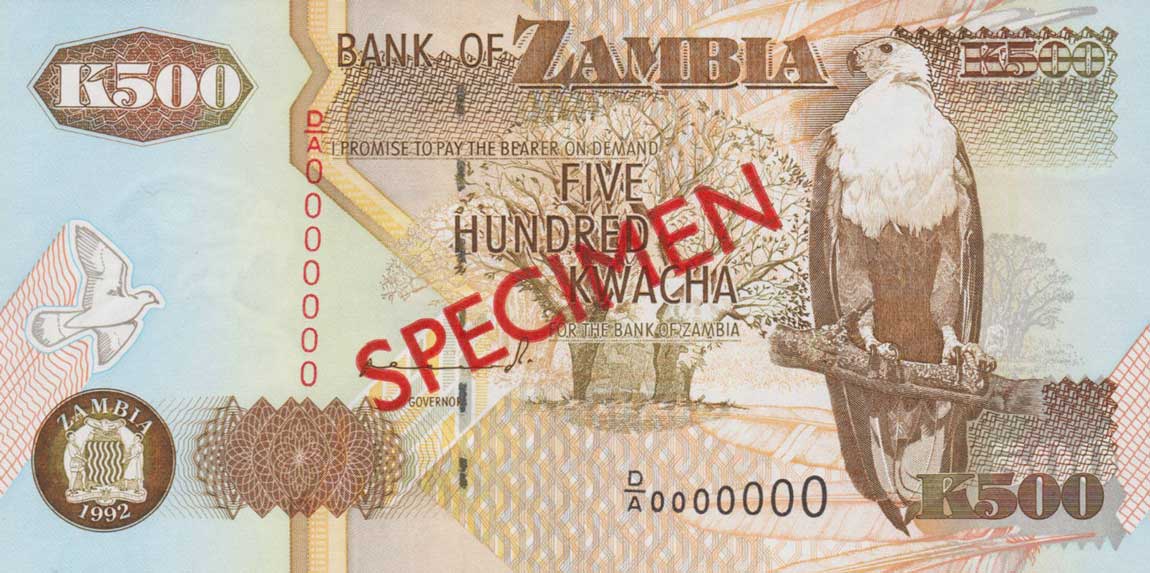 Front of Zambia p39s: 500 Kwacha from 1992