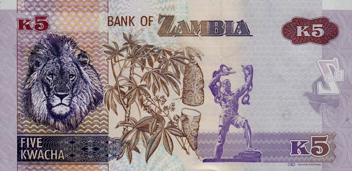 Back of Zambia p50a: 5 Kwacha from 2012