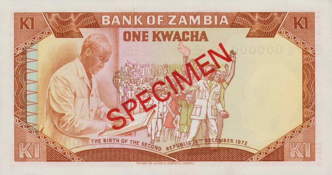 Back of Zambia p5s: 1 Kwacha from 1968