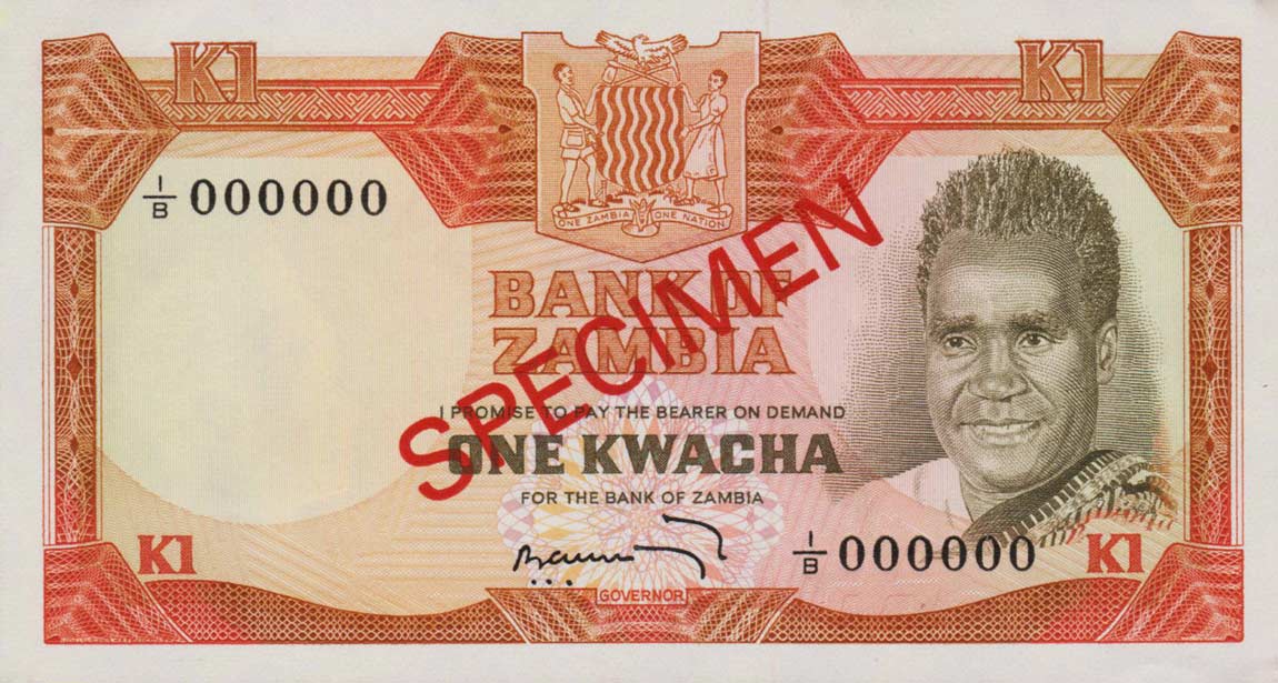 Front of Zambia p5s: 1 Kwacha from 1968
