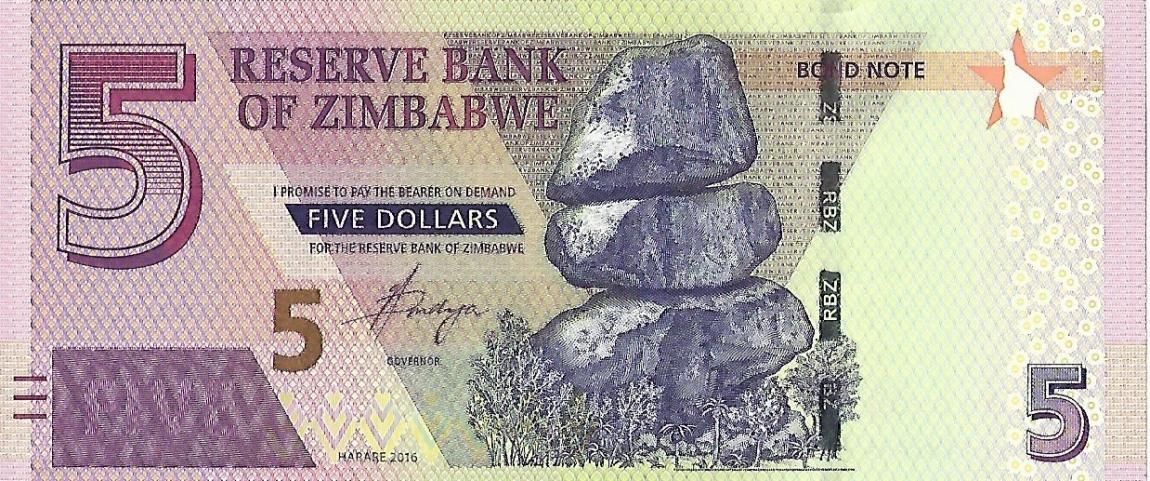Front of Zimbabwe p100: 5 Dollars from 2016