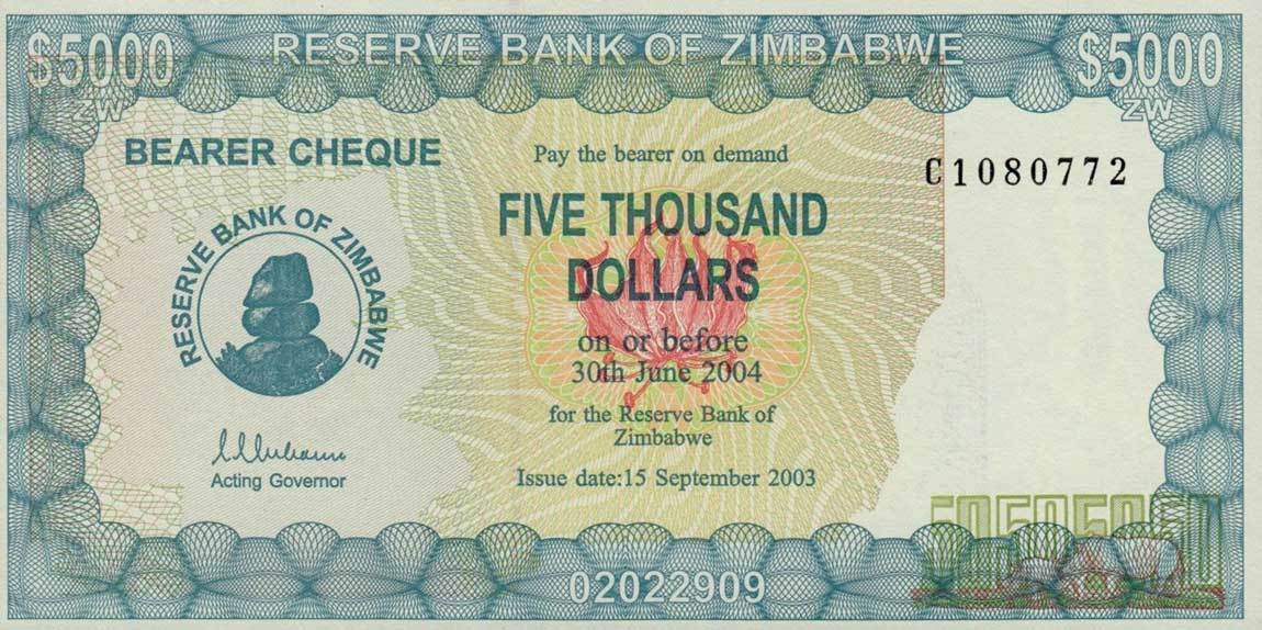 Front of Zimbabwe p21b: 5000 Dollars from 2004