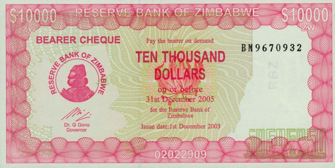Front of Zimbabwe p22d: 10000 Dollars from 2004