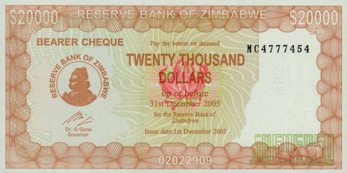 Front of Zimbabwe p23e: 20000 Dollars from 2003