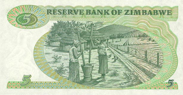 Back of Zimbabwe p2a: 5 Dollars from 1980