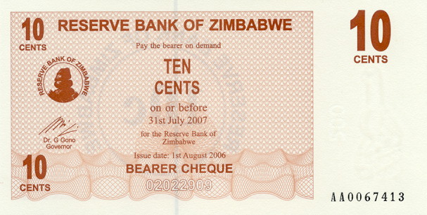 Front of Zimbabwe p35: 10 Cents from 2006
