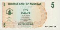 Gallery image for Zimbabwe p38: 5 Dollars from 2006