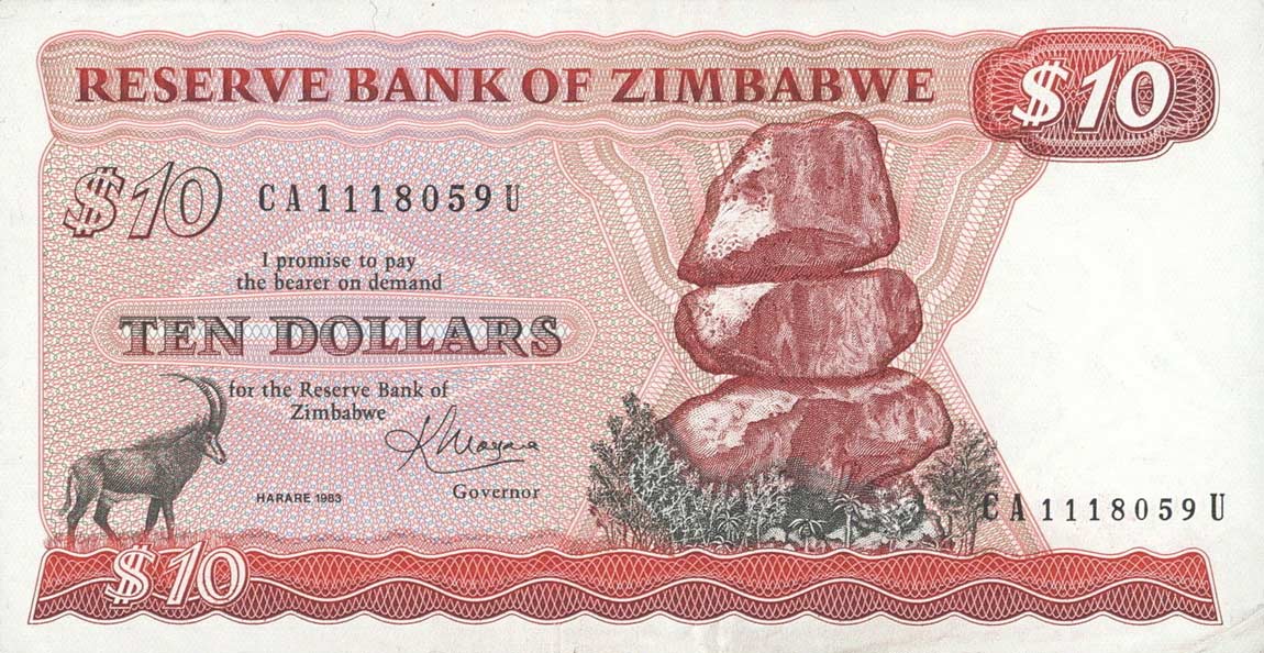 Front of Zimbabwe p3d: 10 Dollars from 1983