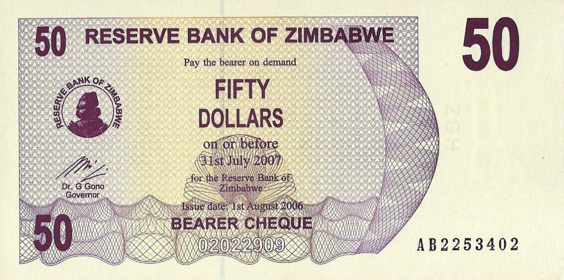 Front of Zimbabwe p41: 50 Dollars from 2006