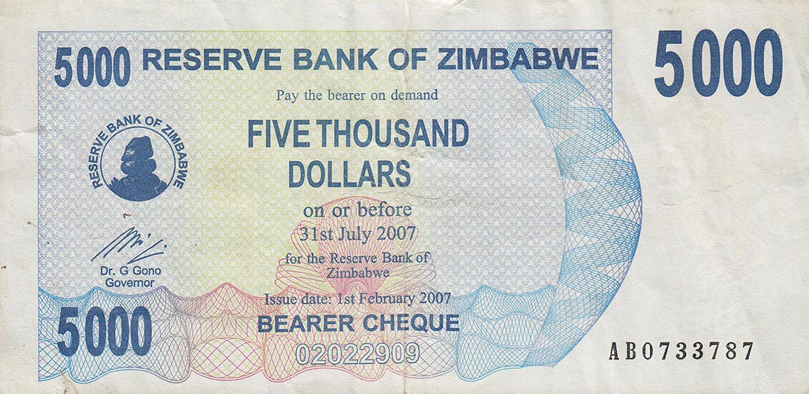 Front of Zimbabwe p45: 5000 Dollars from 2007