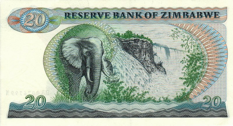 Back of Zimbabwe p4b: 20 Dollars from 1982