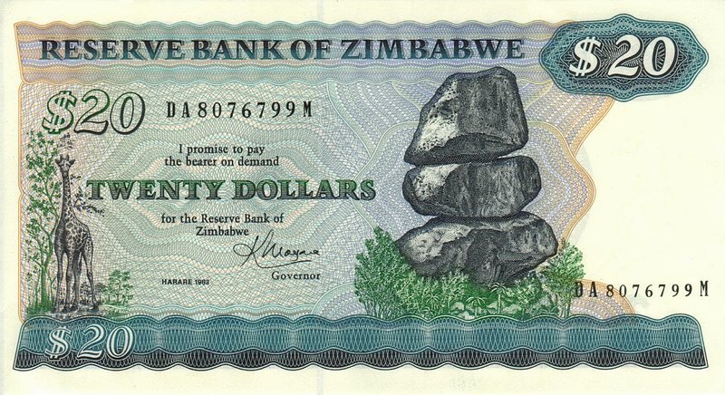 Front of Zimbabwe p4b: 20 Dollars from 1982