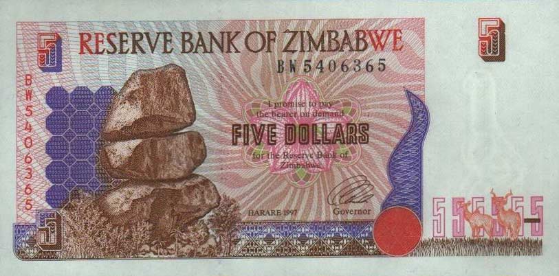 Front of Zimbabwe p5b: 5 Dollars from 1997