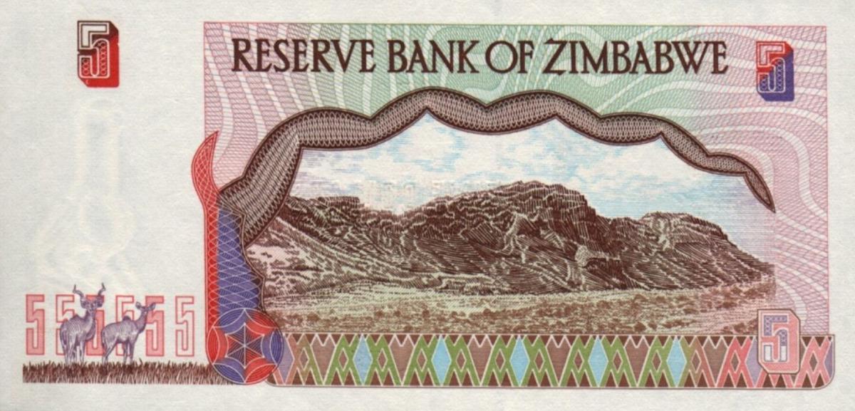 Back of Zimbabwe p5r: 5 Dollars from 1997