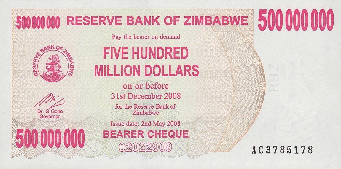 Front of Zimbabwe p60: 500000000 Dollars from 2008