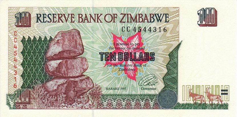Front of Zimbabwe p6a: 10 Dollars from 1997