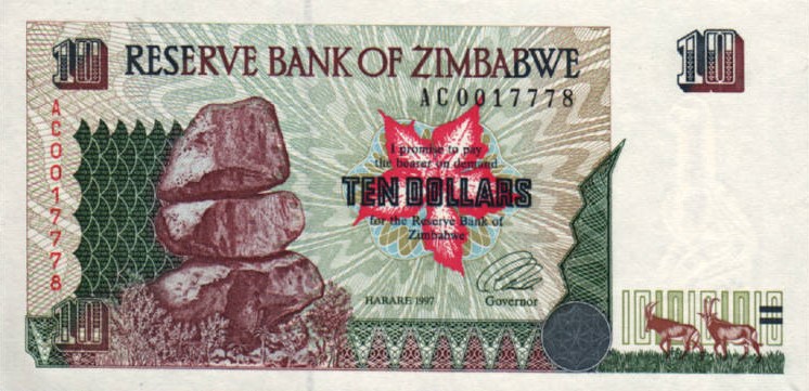 Front of Zimbabwe p6r: 10 Dollars from 1997