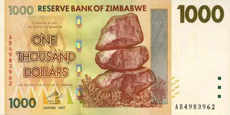 Front of Zimbabwe p71: 1000 Dollars from 2007