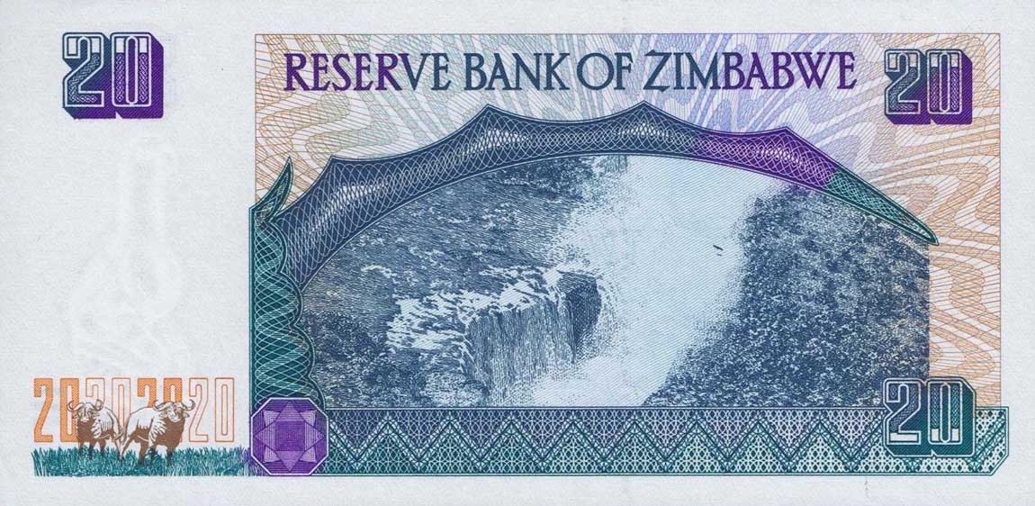Back of Zimbabwe p7s: 20 Dollars from 1997