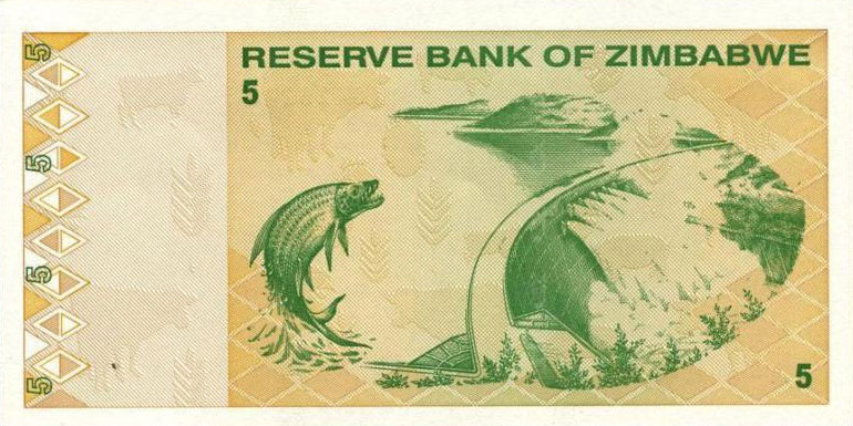 Back of Zimbabwe p93: 5 Dollars from 2009