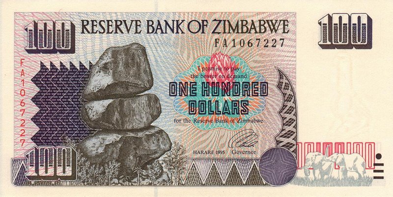 Front of Zimbabwe p9a: 100 Dollars from 1995