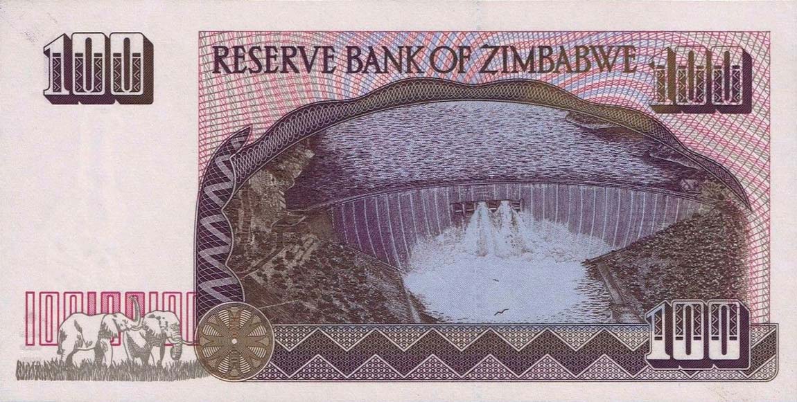 Back of Zimbabwe p9s: 100 Dollars from 1995