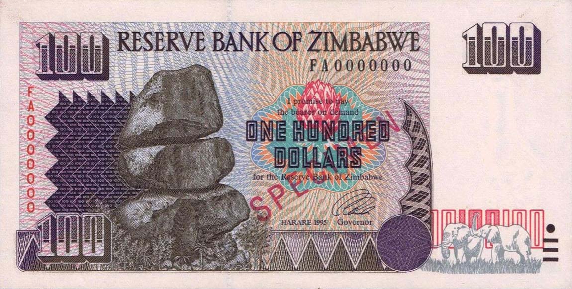 Front of Zimbabwe p9s: 100 Dollars from 1995