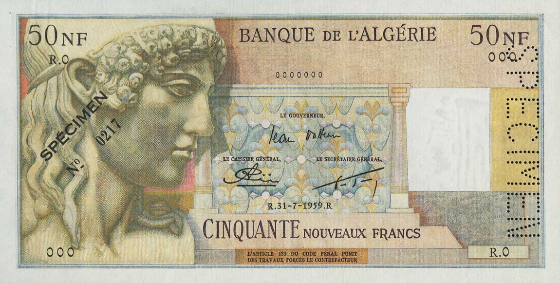 Front of Algeria p120s: 50 Nouveaux Francs from 1959