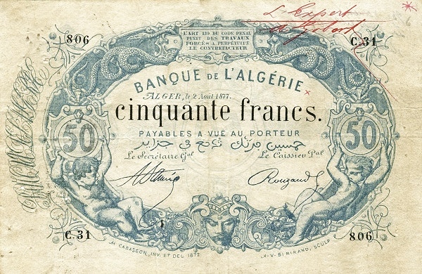 Front of Algeria p17: 50 Francs from 1873
