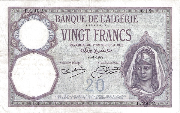 Front of Algeria p78a: 20 Francs from 1914