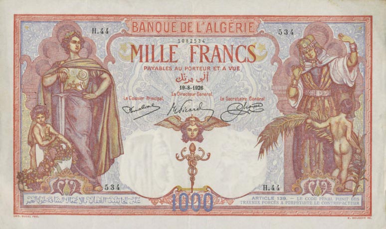 Front of Algeria p83a: 1000 Francs from 1926