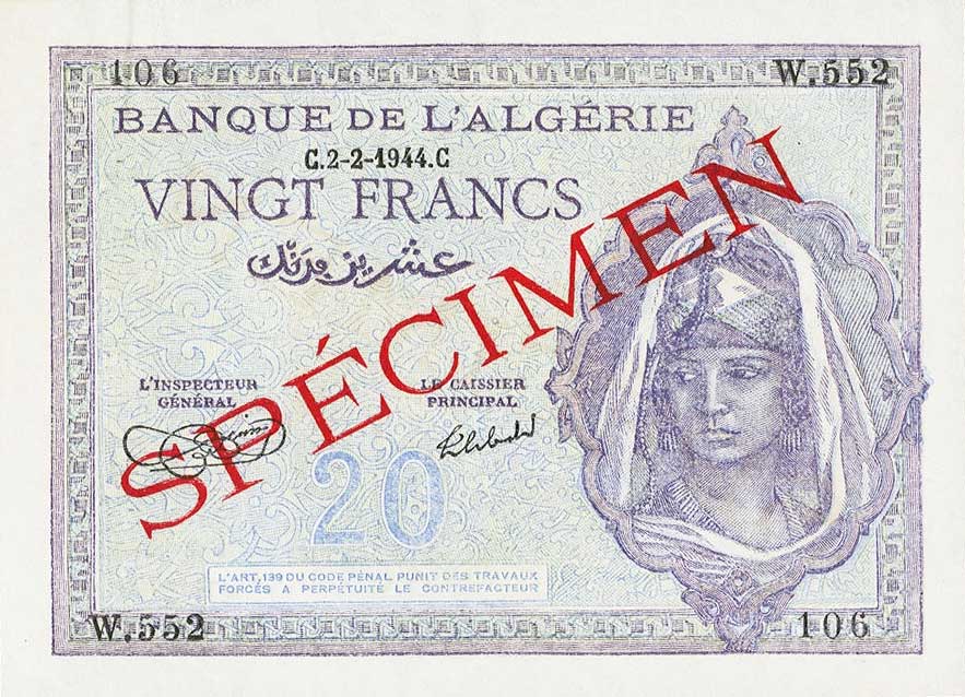 Front of Algeria p92s: 20 Francs from 1942