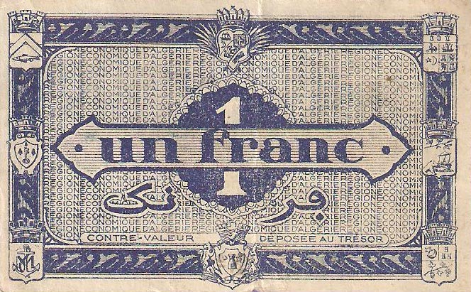 Back of Algeria p98b: 1 Franc from 1944