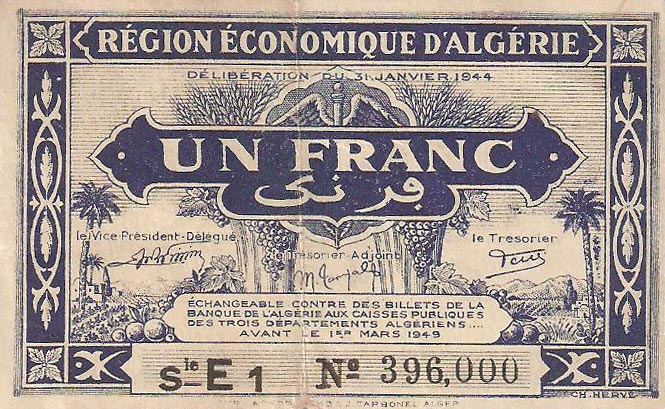 Front of Algeria p98b: 1 Franc from 1944