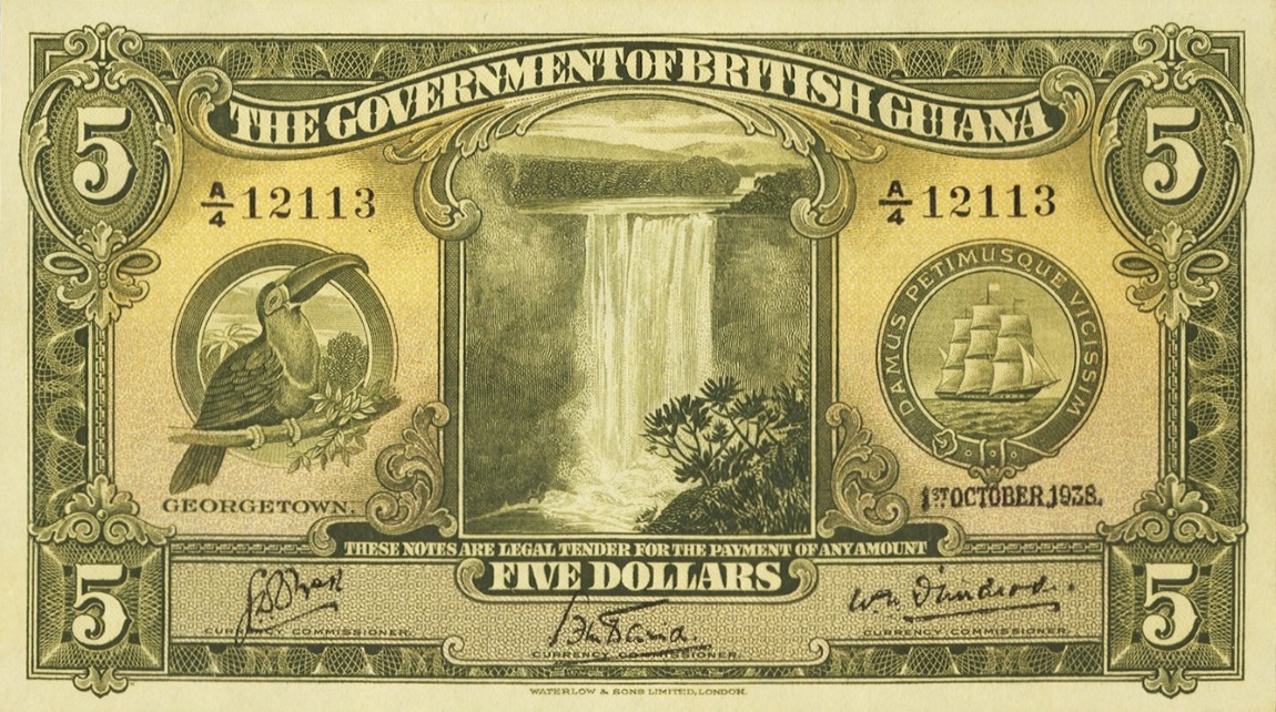 Front of British Guiana p14a: 5 Dollars from 1938