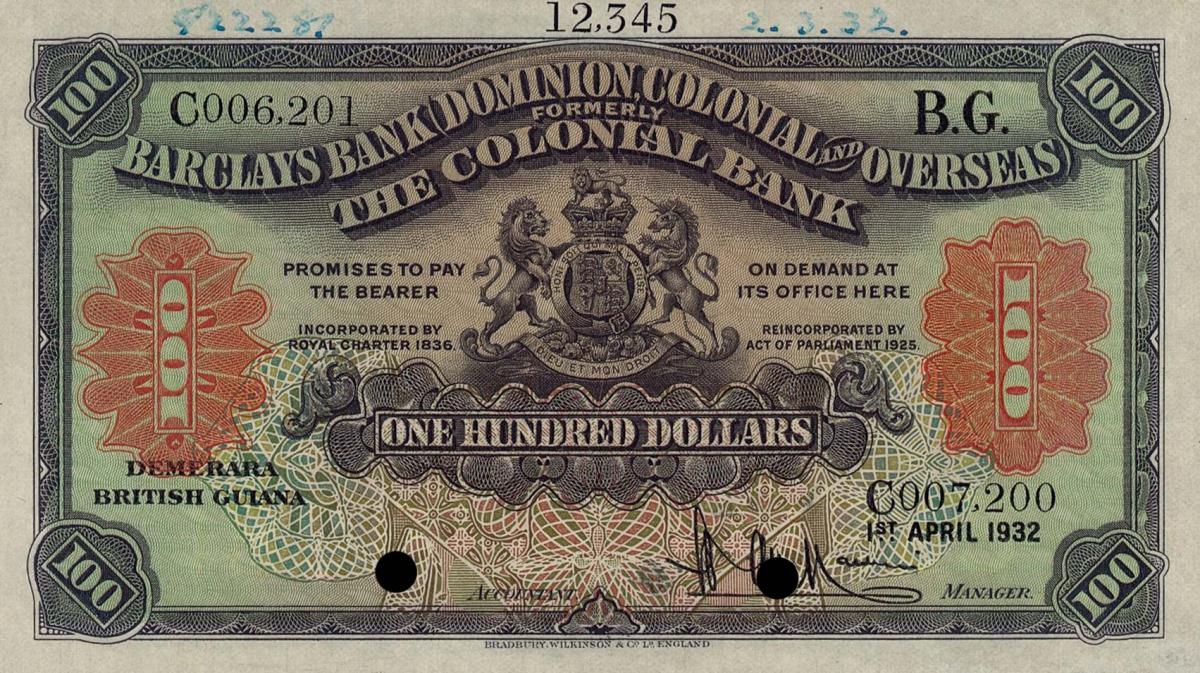 Front of British Guiana pS103s2: 10 Dollars from 1932