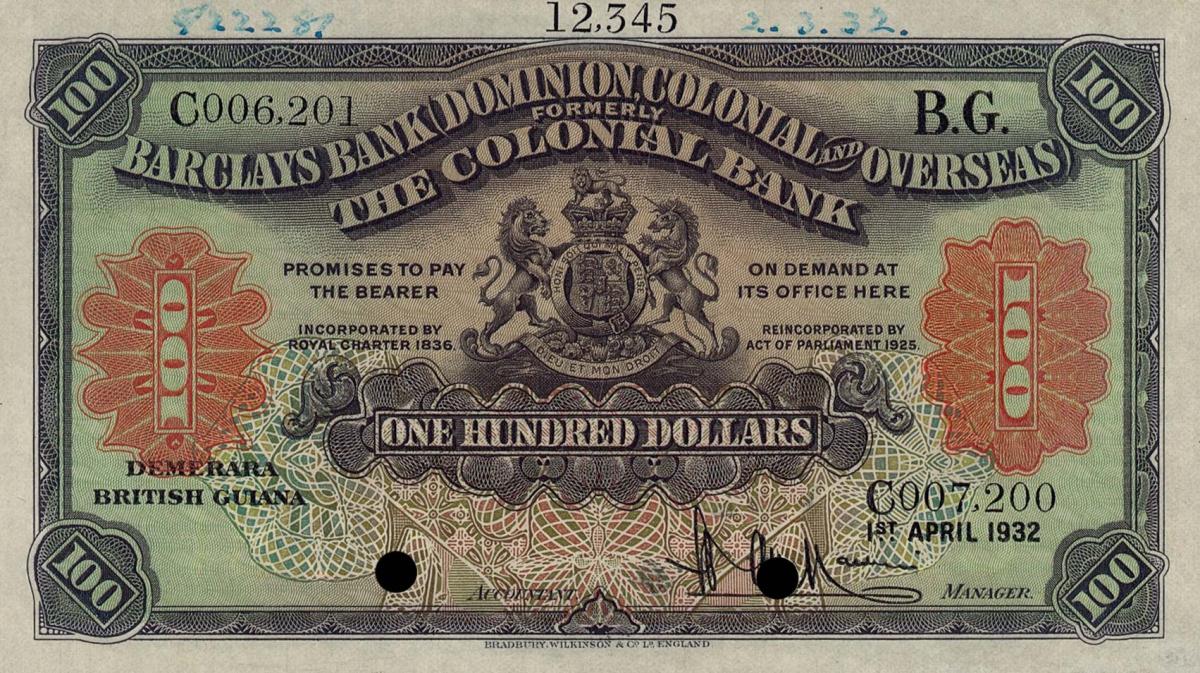 Front of British Guiana pS103s2: 10 Dollars from 1932