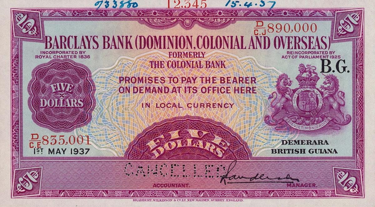 Front of British Guiana pS104s: 5 Dollars from 1937