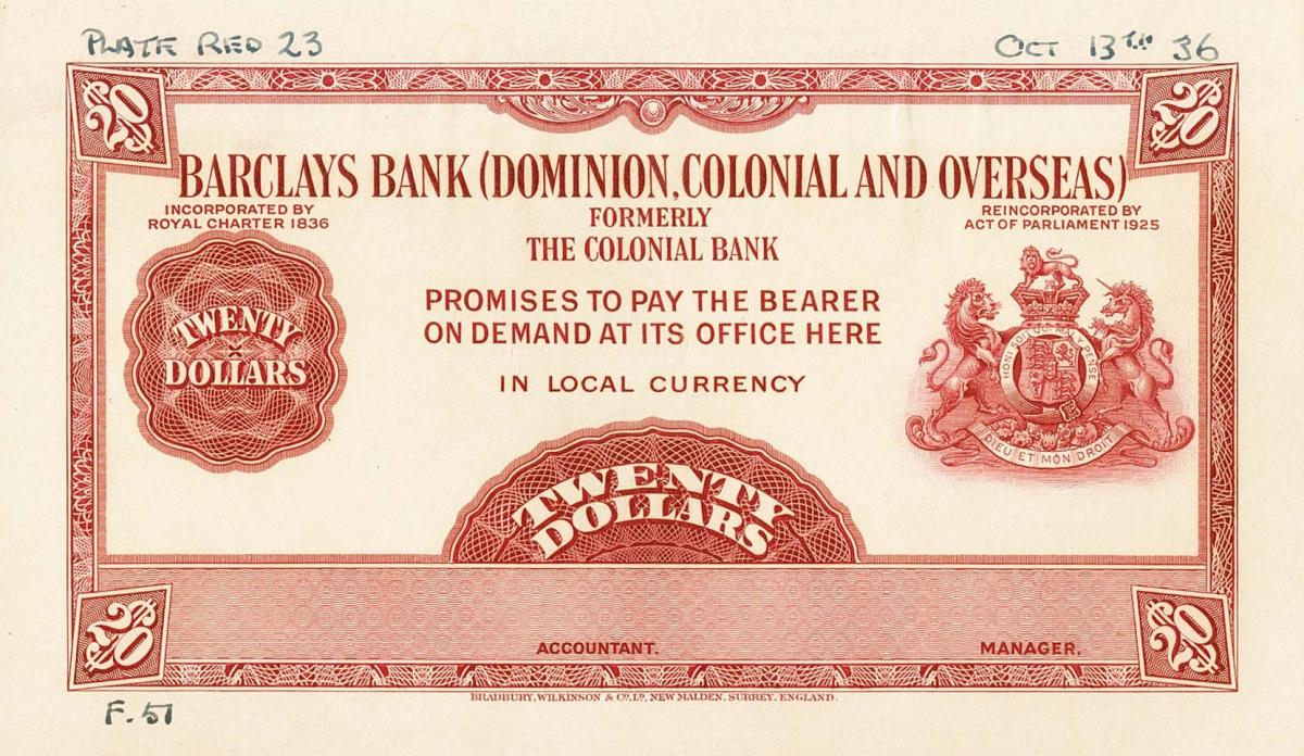 Front of British Guiana pS105p: 20 Dollars from 1937
