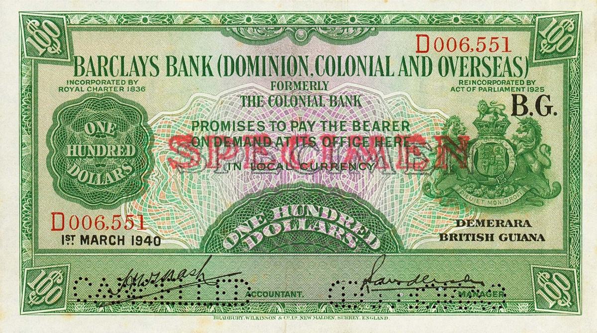 Front of British Guiana pS106s: 100 Dollars from 1937