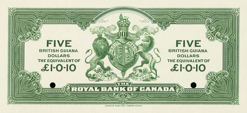 Back of British Guiana pS136p: 5 Dollars from 1920