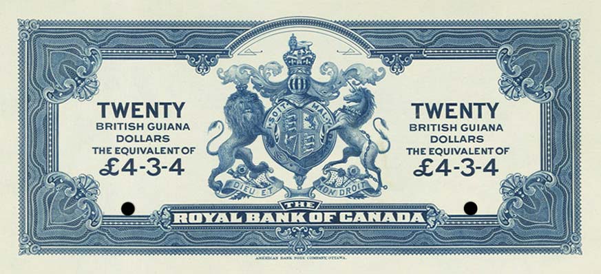 Back of British Guiana pS137p: 20 Dollars from 1920